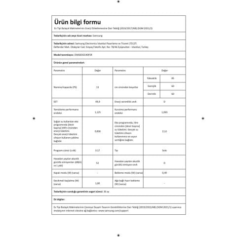 Samsung DW60DG540FSRTR 4 Programlı Bulaşık Makinesi, D Enerji Sınıfı