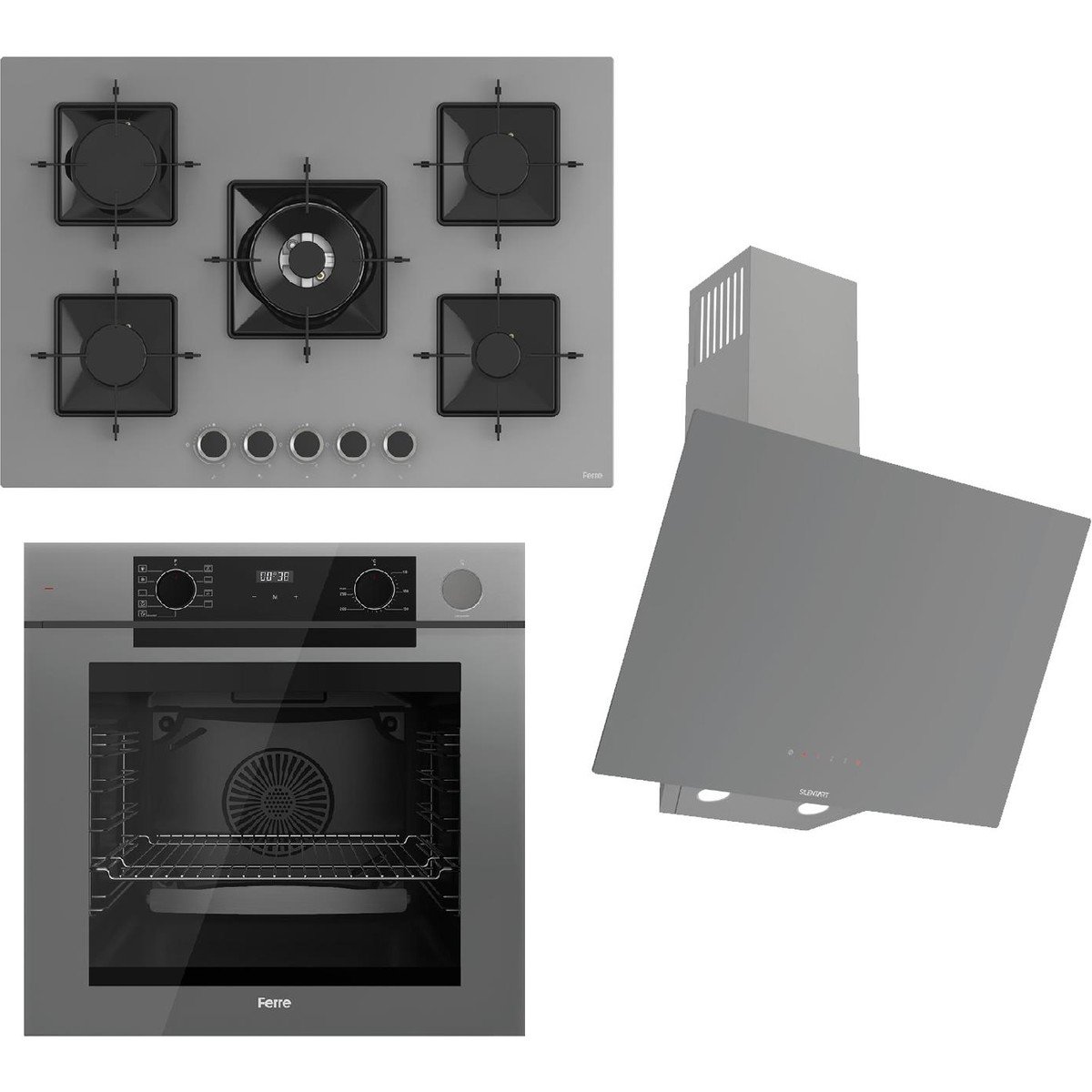 Ferre Steamart-Fryart-Sılentart Serisi Gri Set (SS038 + QEP64CPR +D079-SA) - Döküm Izgara / 75 cm Ocak