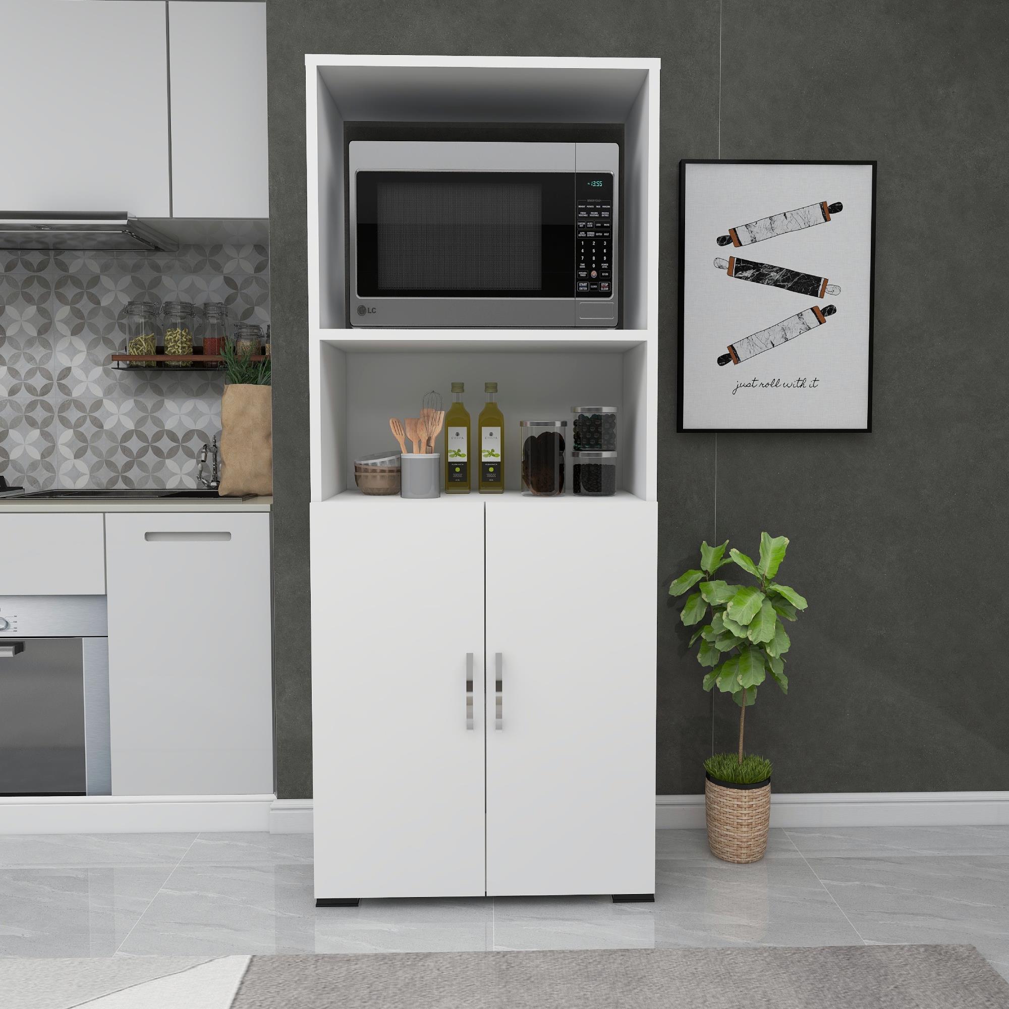 Fafare 2K, Çok Amaçlı Beyaz Dolap, Fırın Dolabı, 2 Kapaklı Bölmeli Mikrodalga Fırın Dolabı, Mini Fırın Mutfak Dolabı