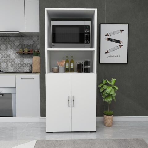 Fafare 2K, Çok Amaçlı Beyaz Dolap, Fırın Dolabı, 2 Kapaklı Bölmeli Mikrodalga Fırın Dolabı, Mini Fırın Mutfak Dolabı