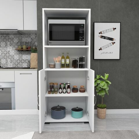 Fafare 2K, Çok Amaçlı Beyaz Dolap, Fırın Dolabı, 2 Kapaklı Bölmeli Mikrodalga Fırın Dolabı, Mini Fırın Mutfak Dolabı