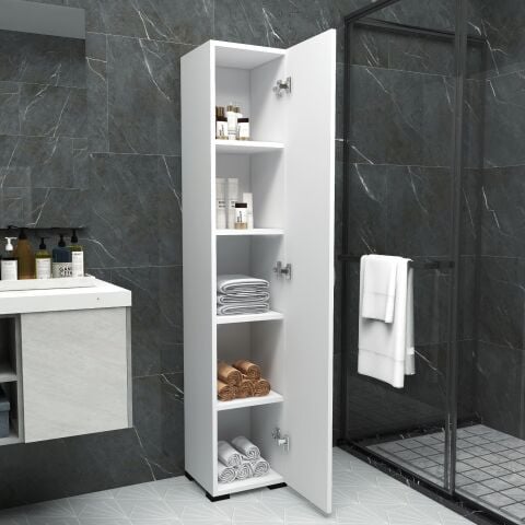 Fafare 1K, Tek Kapaklı 5 Raflı Çok Amaçlı Banyo Mutfak Kiler Dolabı, Beyaz Erzak Dolabı