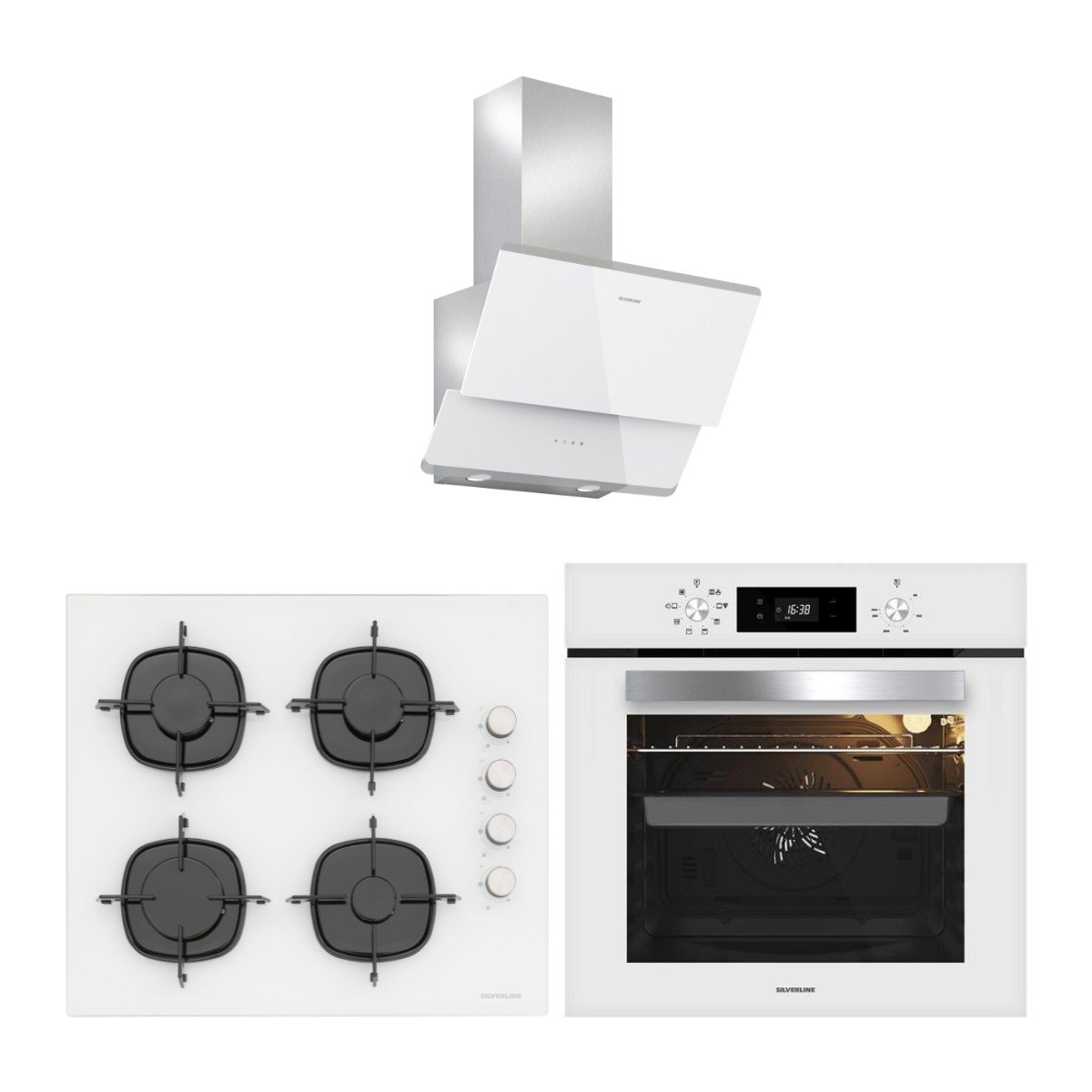 Silverline Beyaz Cam Ankastre Set 3490 Oslo Davlumbaz - CS5335W01 Ocak - BO65E4W01 Fırın