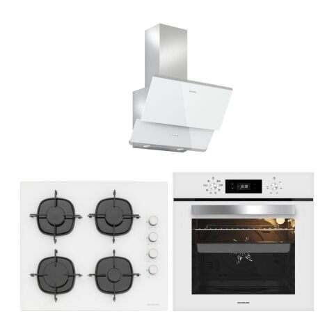 Silverline Beyaz Cam Ankastre Set 3490 Oslo Davlumbaz - CS5335W01 Ocak - BO65E4W01 Fırın