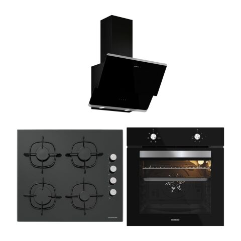 Silverline Siyah Cam Ankastre Set (3490 Oslo Davlumbaz - CS5335B02 Ocak - BO65E1B01 Fırın)