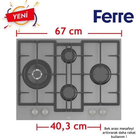 Ferre ED078 - 67 cm Döküm Izg.önden Düğme Gri Cam Ocak