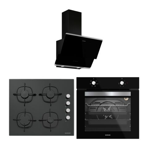 Silverline Siyah Cam Ankastre Set (3490 Oslo Davlumbaz - CS5335B02 Ocak - BO6501B01 Fırın)