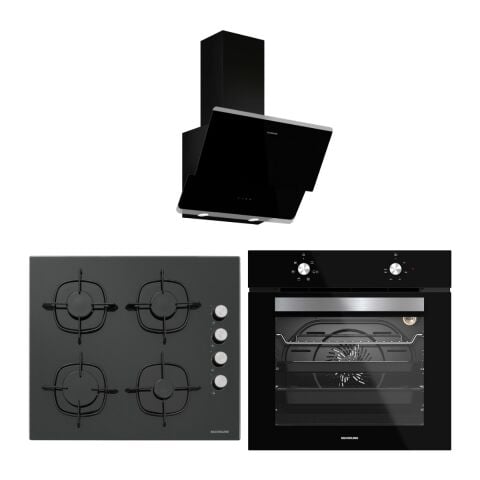 Silverline Siyah Cam Ankastre Set (3490 Oslo Davlumbaz - CS5335B02 Ocak - BO6501B01 Fırın)