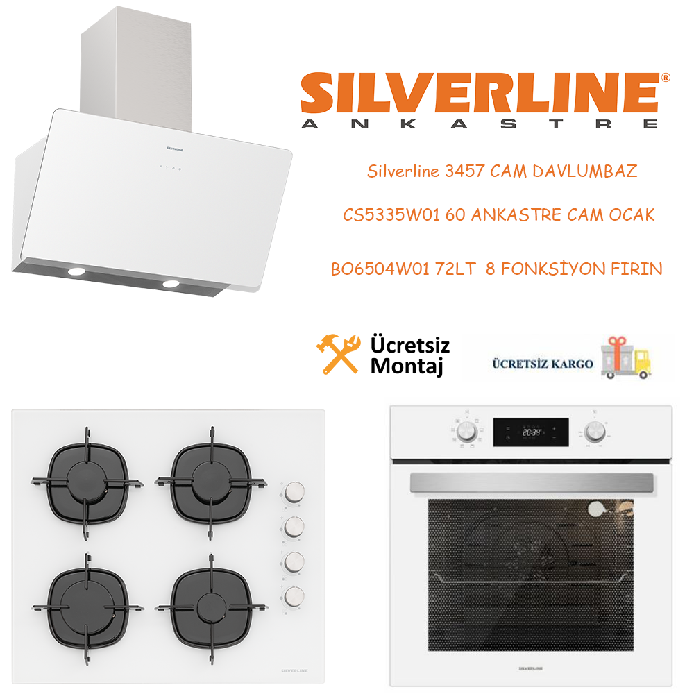 Silverline Silverline 3457 Davlumbaz-CS5335W01 Ocak-BO6504W01 Fırın Beyaz Cam Ankastre Set En Ucuz Fiyatları ve Özellikleri
