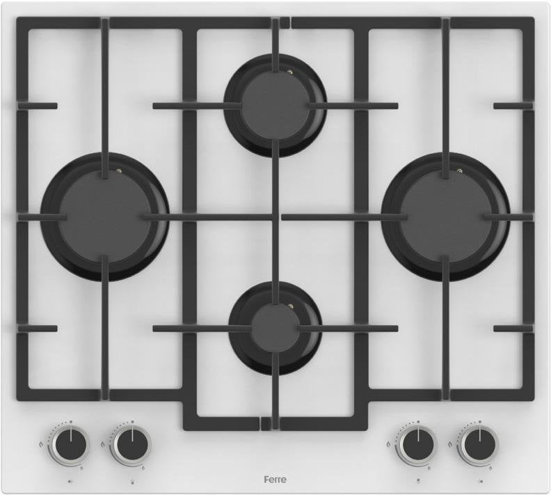 Ferre LN386 Döküm Izgaralı Önden Düğmeli Beyaz Cam Ankastre Ocak