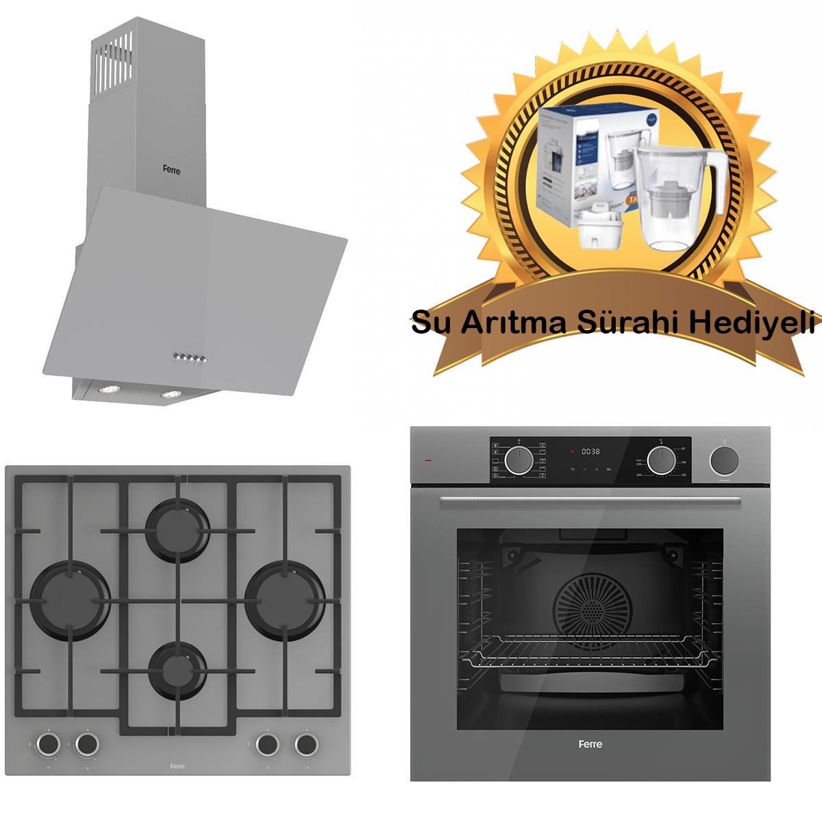 Ferre Fryart & SteamArt Gri Cam Ankastre Set D088 - LN388 Döküm ızgaralı Önden Düğmeli Ocak - XE64CPR Buharli fırın