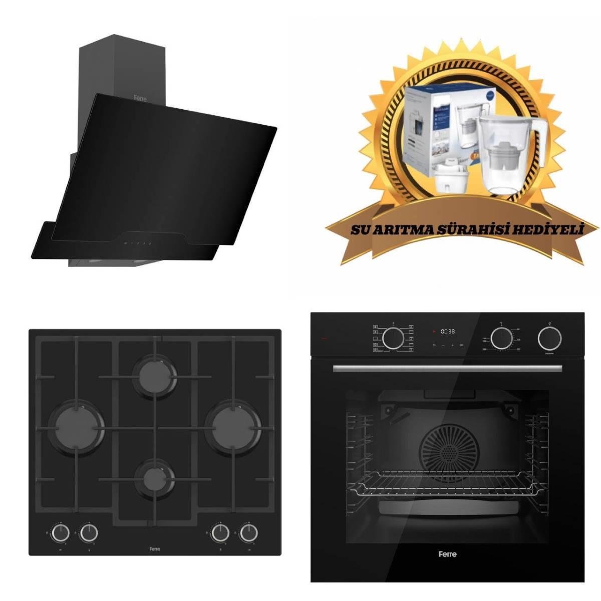 Ferre Fryart & Steamart Siyah Cam Ankastre Set D063 - LN385 Döküm Ocak - XE64CS Buharli