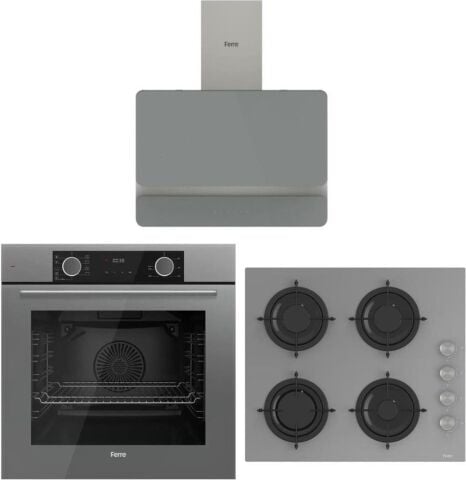 Ferre Fryart Gri Set (D082 Gri Davlumbaz -CS208 Gri Ocak- XE63CPR Fryart Gri Fırın)