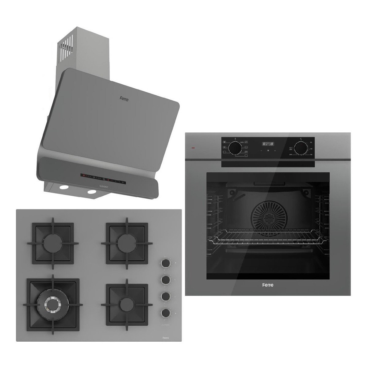 Ferre Grey FryArt 3 Lü Ankastre Set ( QEP63CPR - SC408-WFA - D082-SA ) A++ Sessiz Davlumbaz - 65 cm Wok Bek Ocak