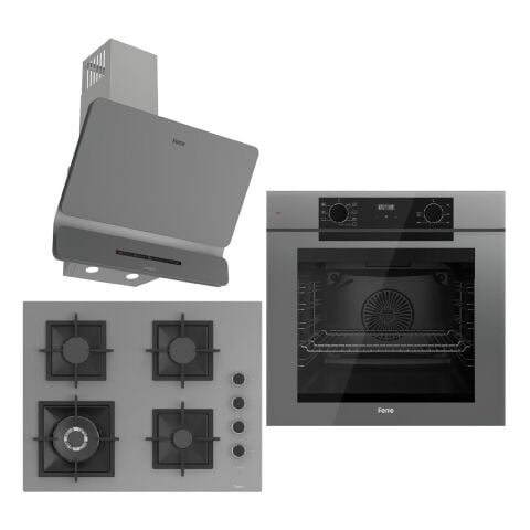 Ferre Grey FryArt 3 Lü Ankastre Set ( QEP63CPR - SC408-WFA - D082-SA ) A++ Sessiz Davlumbaz - 65 cm Wok Bek Ocak