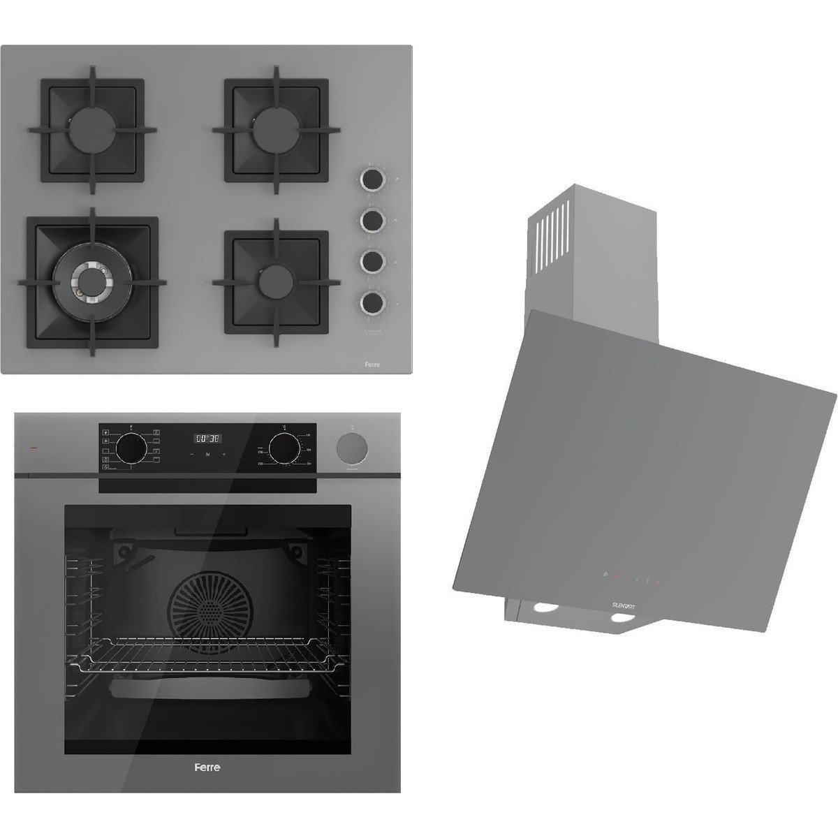 Ferre Steamart-Fryart-Sılentart Serisi Gri Set (SC408-WFA + QEP64CPR +D079-SA) - Döküm Izgara / 65 cm Ocak