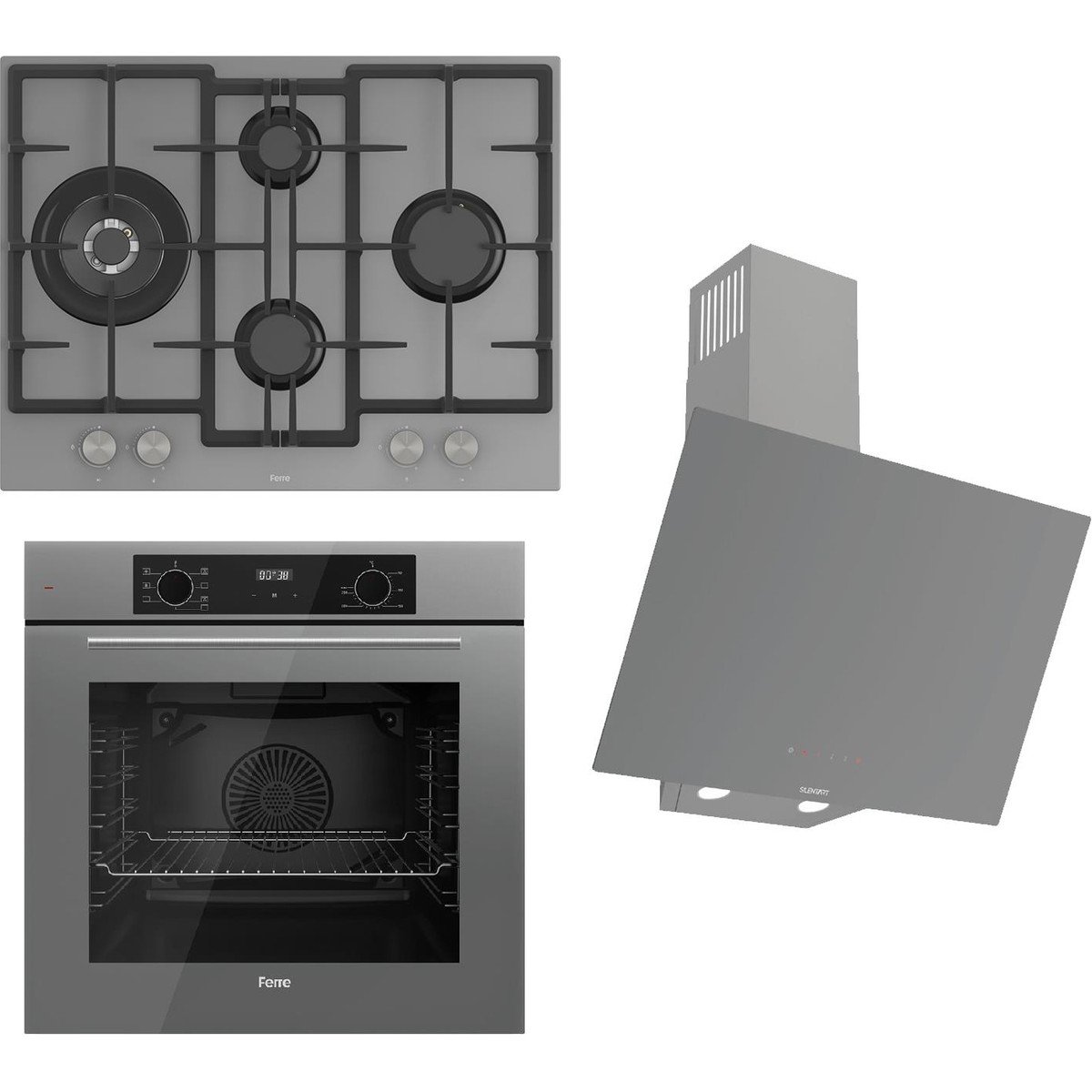 Ferre FLOWART-SILENTART Serisi Gri Set (ED078 + QBL63CPR +D079-SA) - Döküm Izgara / 67 cm Ocak