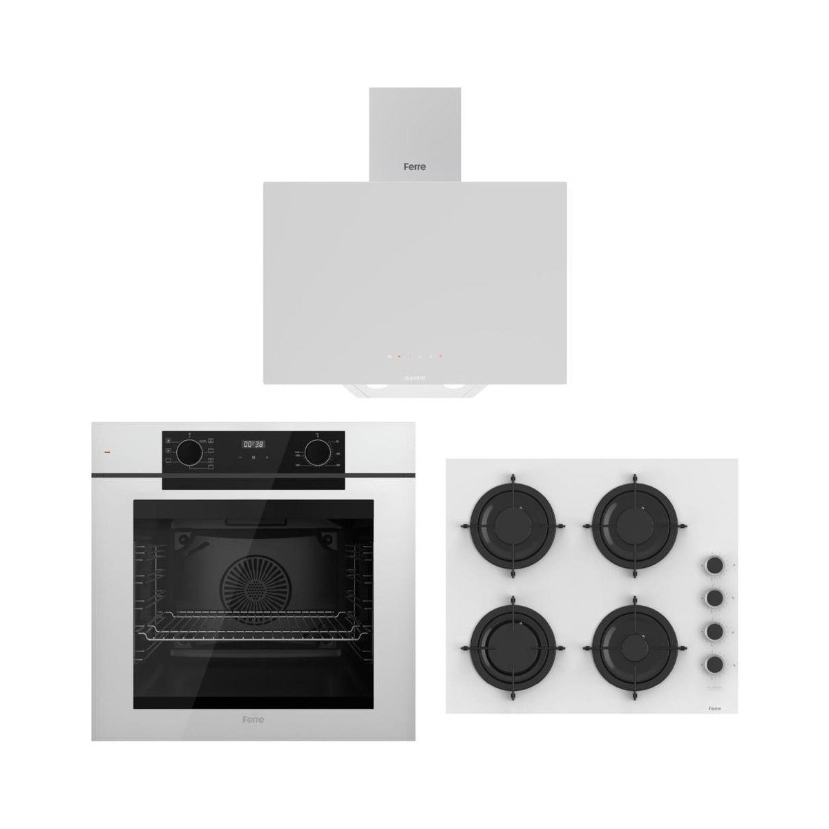 Ferre Artline Beyaz Ankastre Set (D078-SA Beyaz Davlumbaz - CS206-FA 60 cm Beyaz Ocak - QEP63CB Fryart Beyaz Fırın)