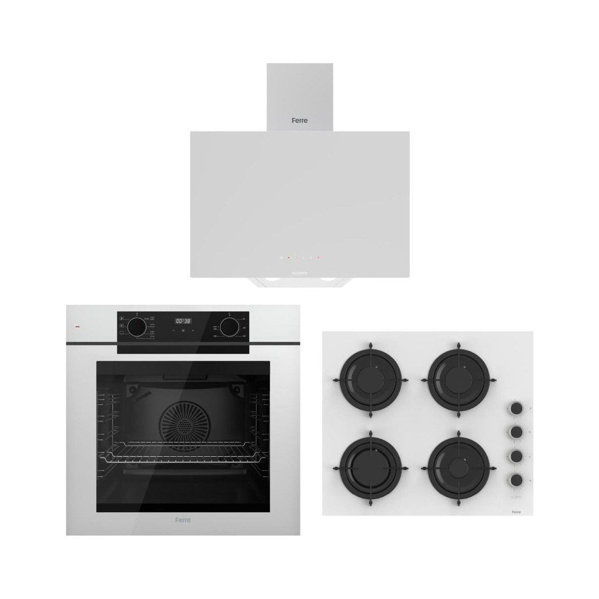 Ferre Artline Beyaz Ankastre Set (D078-SA Beyaz Davlumbaz - CS206-FA 60 cm Beyaz Ocak - QEP63CB Fryart Beyaz Fırın)