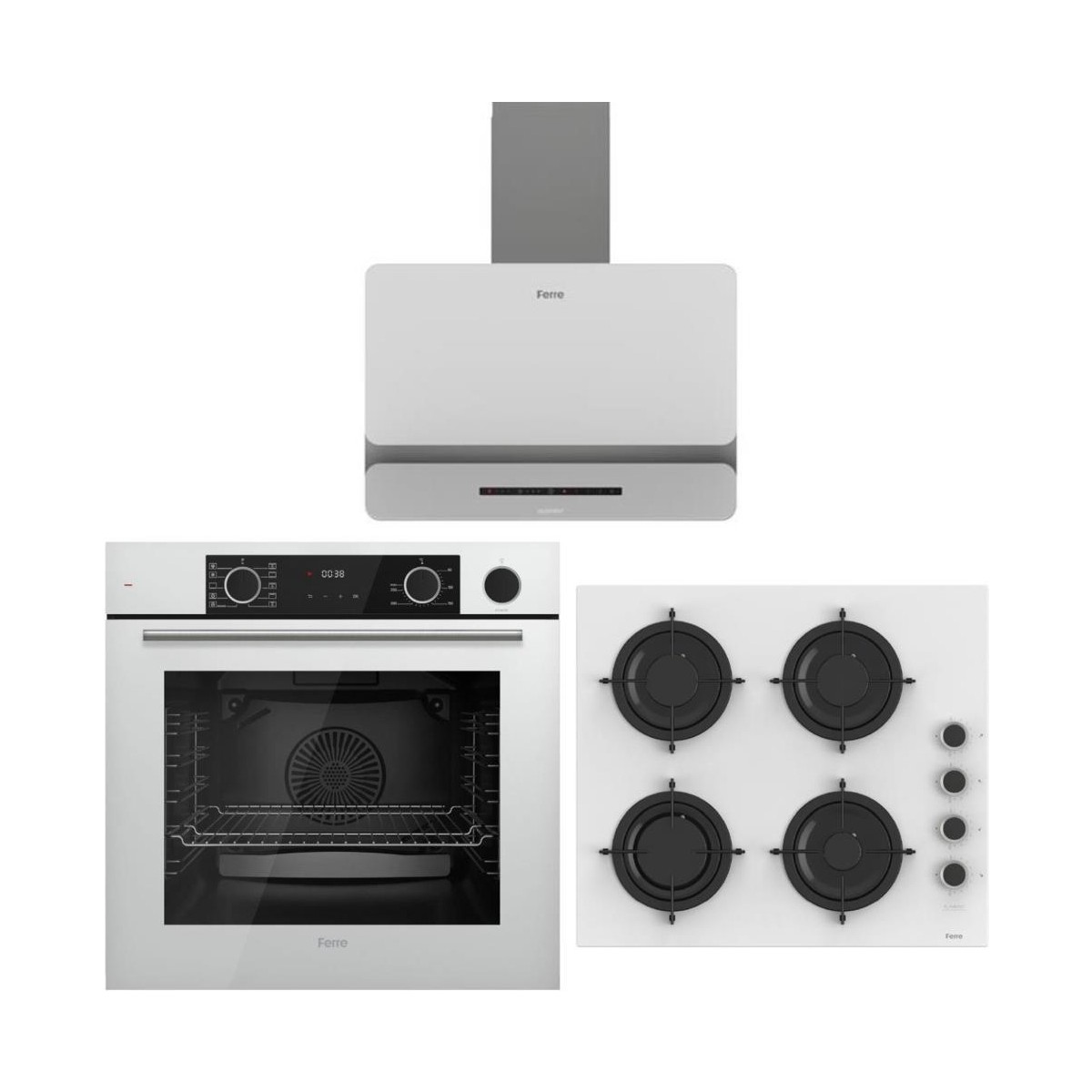 Ferre D081-SA Davlumbaz-CS206-FA Ocak-XE64CB Fırın Beyaz Cam Ankastre Set