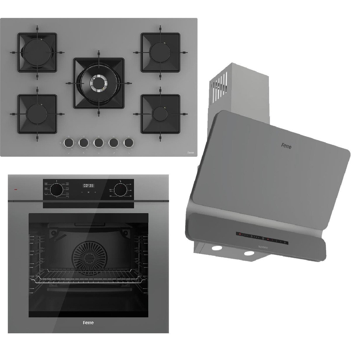 Ferre Fryart-Sılentart Serisi Gri Set (SS038 + QEP63CPR +D082-SA) - Döküm Izgara / 75 cm Ocak