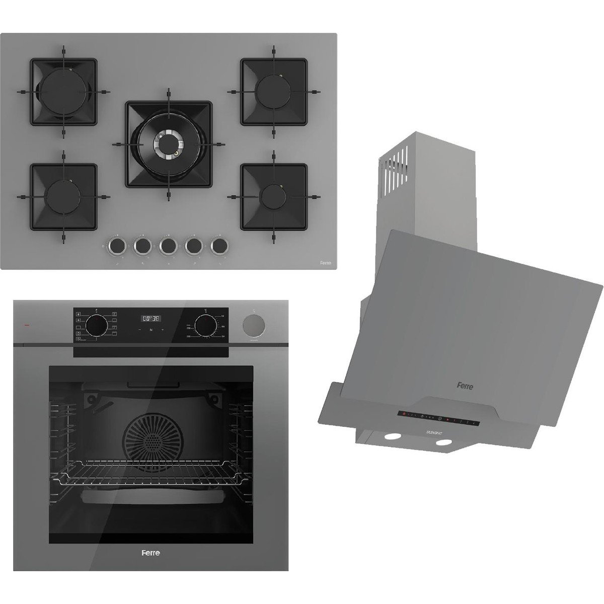 Ferre Steamart-Fryart-Sılentart Serisi Gri Set (SS038 + QEP64CPR +D065-SA) - Emaye Izgara / 75 cm Ocak