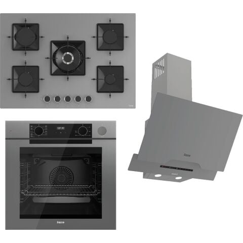 Ferre Steamart-Fryart-Sılentart Serisi Gri Set (SS038 + QEP64CPR +D065-SA) - Emaye Izgara / 75 cm Ocak