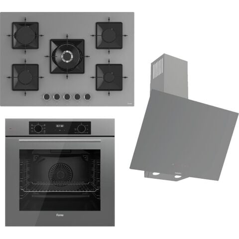 Ferre FLOWART-SILENTART Serisi Gri Set (SS038 + QBL63CPR +D079-SA) - Emaye Izgara / 75 cm Ocak