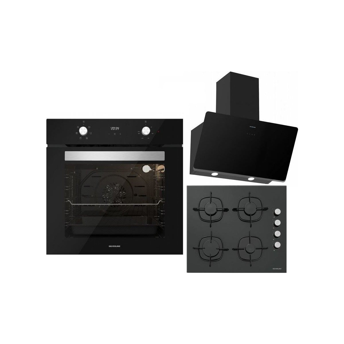 Silverline Siyah Ankastre Set :soho Siyah 60 cm Cam Davlumbaz , CS5335B01 Siyah Ankastre Cam Ocak , B06502B01 Siyah Ankastre Fırın