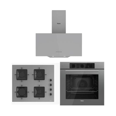 Ferre Gri Cam Ankastre Set (D088 Gri Davlumbaz -SS208 Gri Ocak- QBL62CPR Gri Fırın)