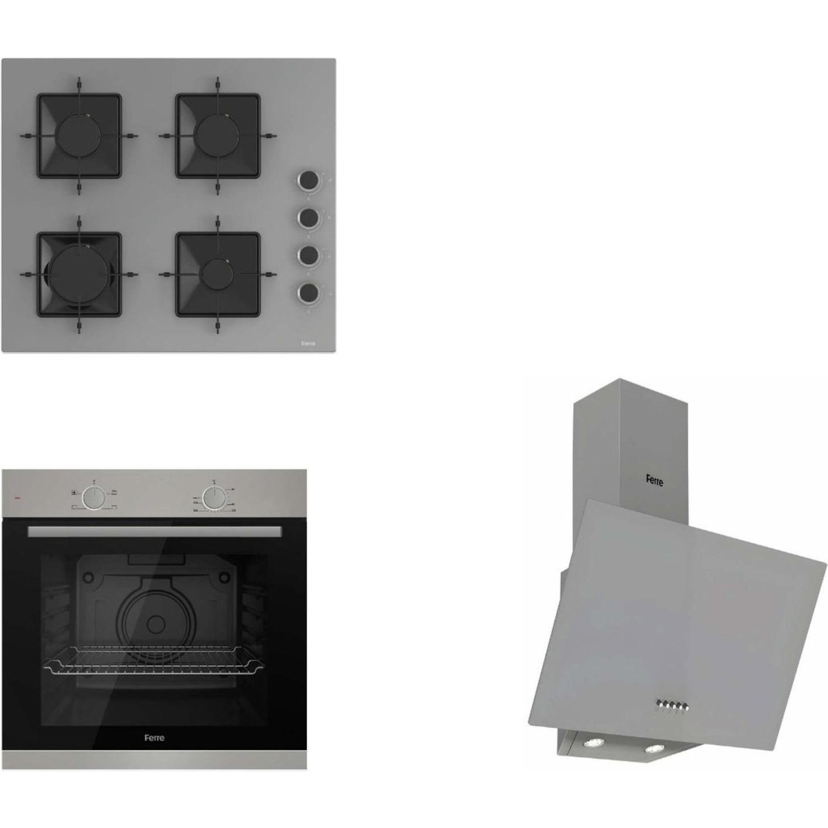 Ferre D088 Davlumbaz-SS208 Ocak-XE61MDV Fırın Pure Ss Serisi Gri Cam Ankastre Set 